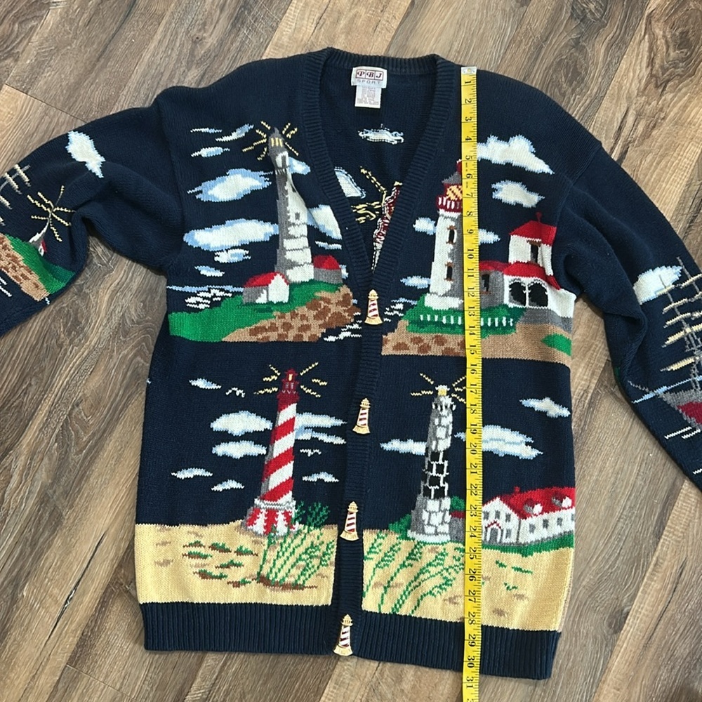 Vintage PBJ Sport Navy Blue Lighthouse Nautical Novelty Cardigan Size Large - Picture 10 of 16
